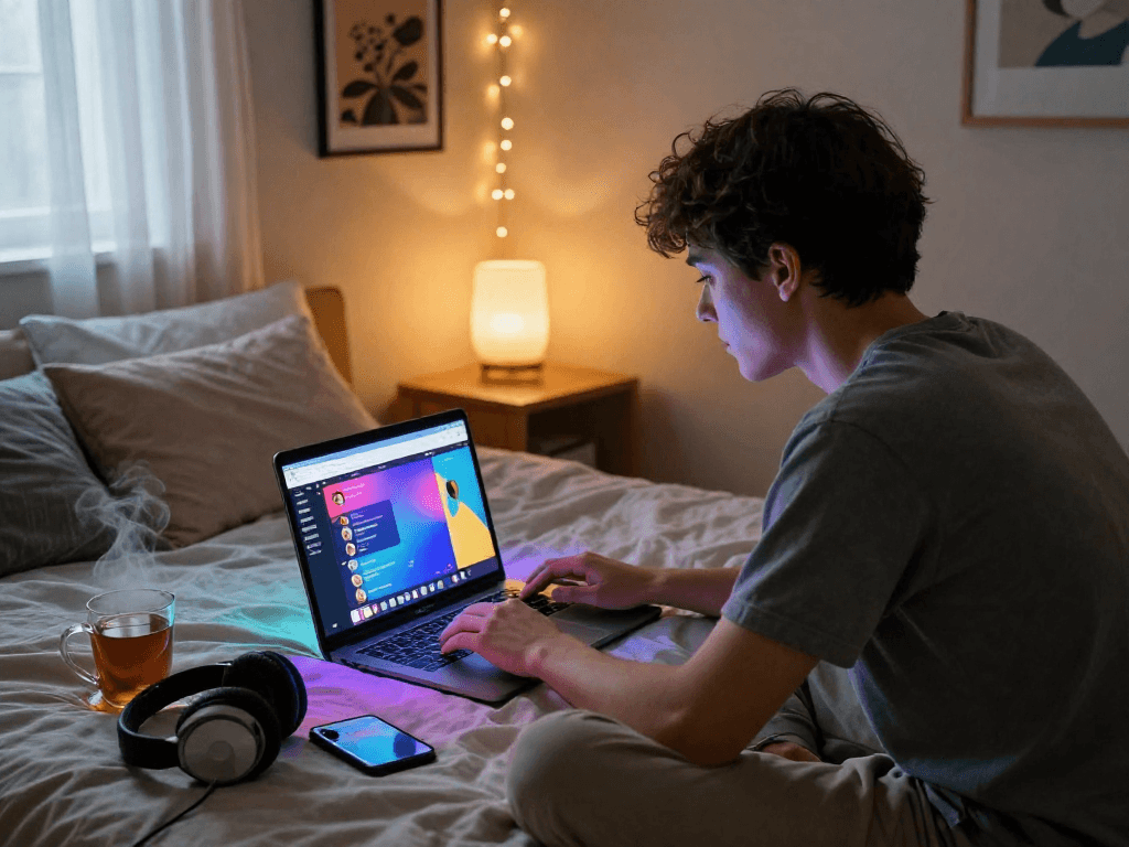 Engaging in an NSFW chat in a cozy bedroom, laptop screen glowing.