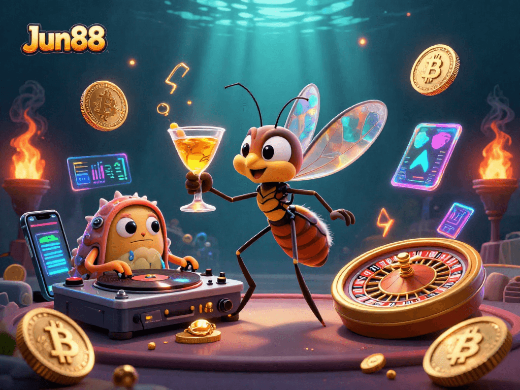 Experience the thrill of Jun88 with a vibrant underwater casino scene full of 3D characters and crypto elements.