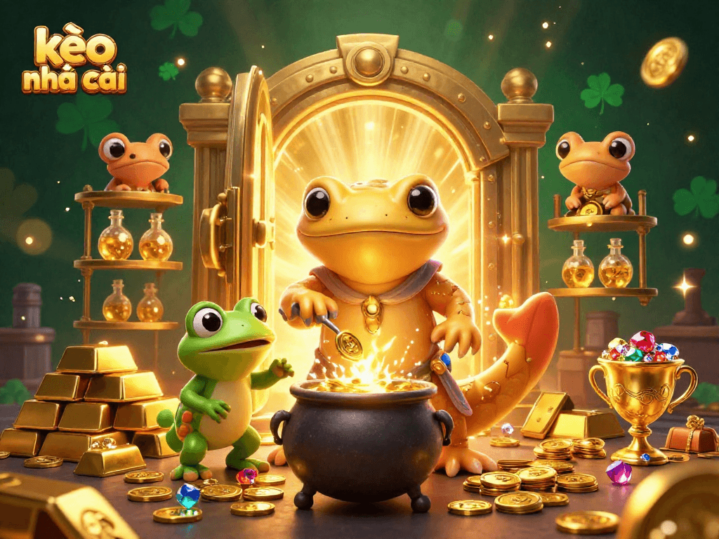 Engaging scene of kèo nhà cái with golden salamander alchemist and treasure-filled laboratory.