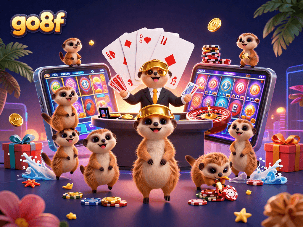 Experience the thrilling go8f casino action with playful meerkats managing games and winning chips.