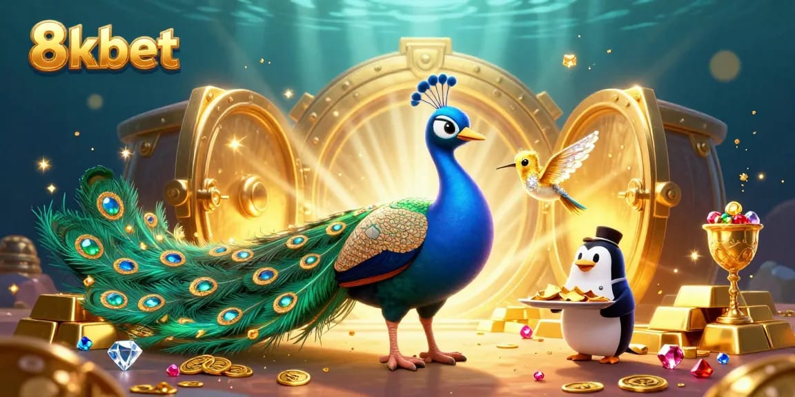 Experience the thrilling world of 8kbet as a charming peacock and friends enjoy a wealth of golden treasures.