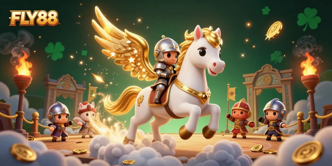 Experience FLY88's thrilling casino action with a magical knight and celestial horse in a vibrant 3D scene.