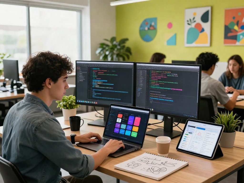Pikashow apk download and app development in a vibrant workspace.