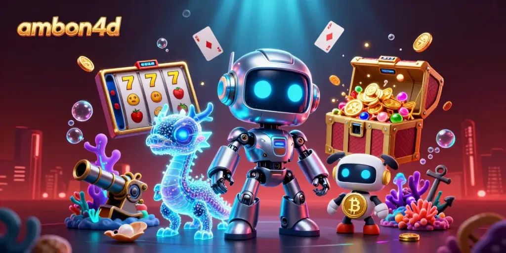 Experience ambon4d with a vibrant illustration of a cyberpunk casino scene featuring slot machines and dynamic characters.