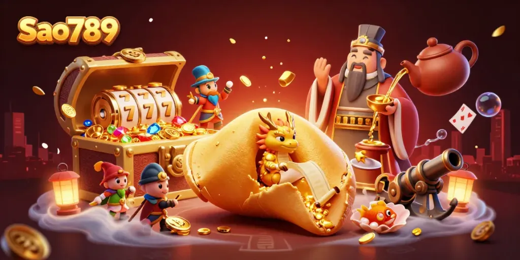 Engage with Sao789's vibrant online gaming world illustrated with gold treasures and dynamic casino elements.
