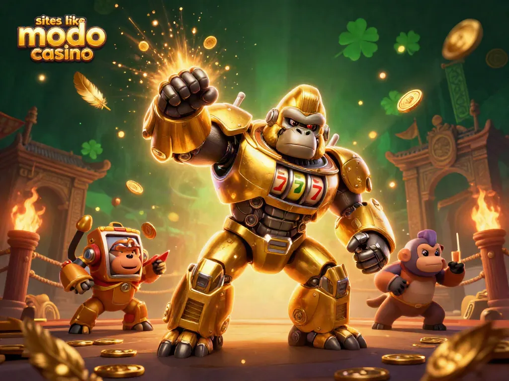 Experience thrilling action with sites like modo casino featuring a golden gorilla mech amidst golden coins and vibrant elements.