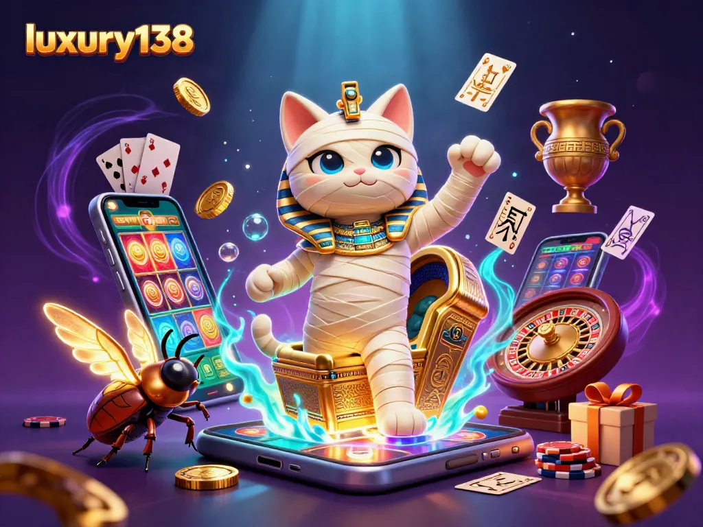 Menggunakan luxury138, mumi kucing meledak keluar dari sarkofagus di kasino sambil dikelilingi permainan kartu dan elemen kasino lainnya.