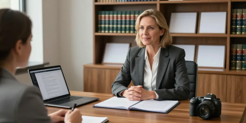 Karen McCleave GTA consulting with a client in a professional legal office atmosphere.