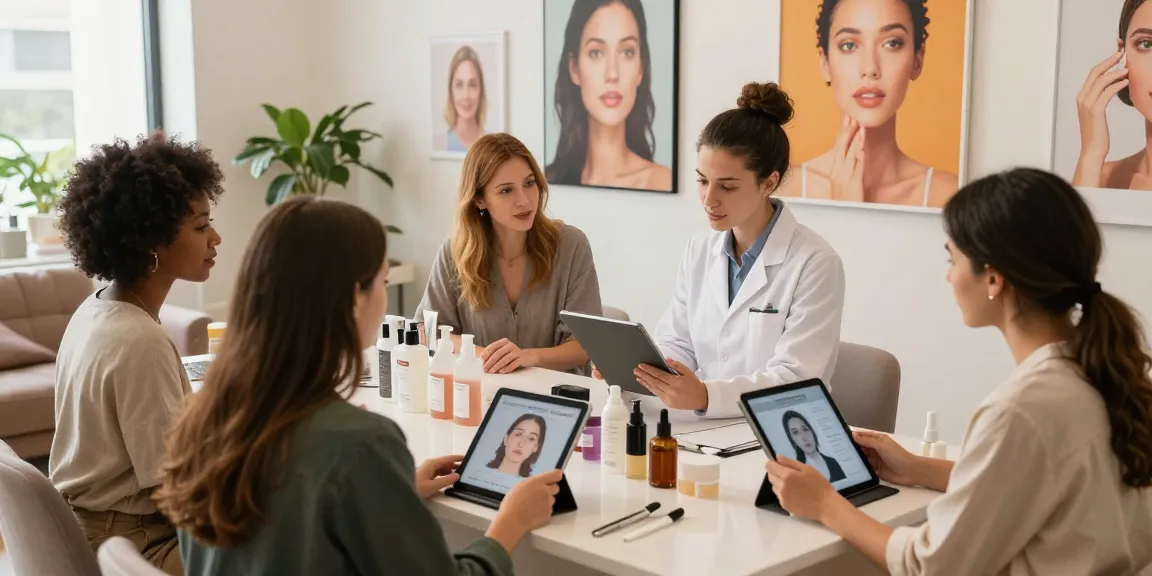 ClinicEvo cheaper than QOVES beauty consultation with diverse clients discussing facial analysis.