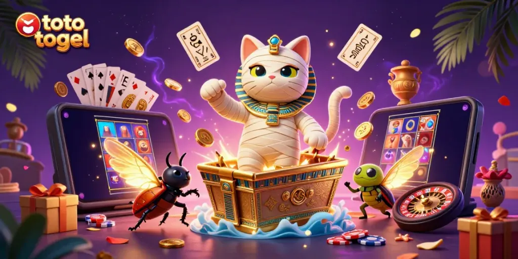 Engage in exciting toto togel action with vibrant 3D Egyptian-themed casino illustration showcasing dynamic slot gaming features.
