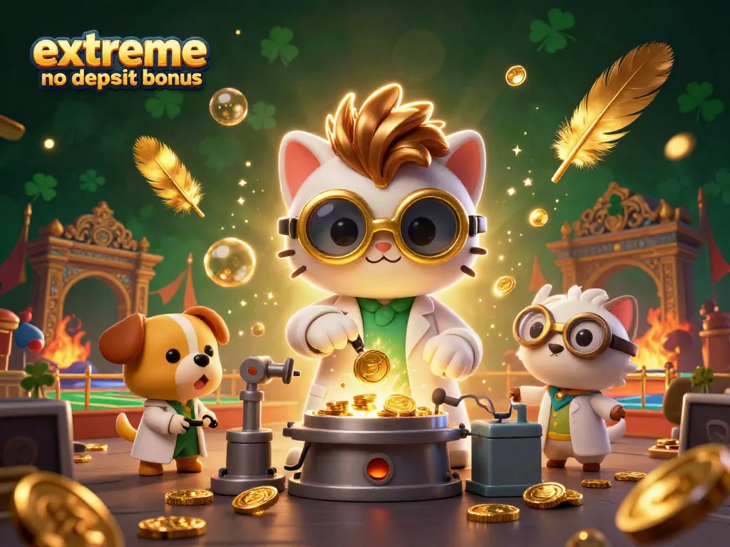 Win with extreme casino no deposit bonus, featuring a mad scientist cat and lab assistant in a 3D illustration.