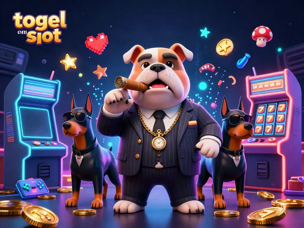 Menghadirkan pengalaman togel online slot dengan karakter bulldog mafia yang bergaya dan pengawalnya, serta elemen permainan menarik.
