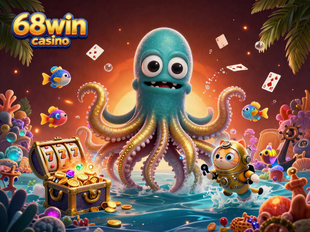 Engage with thrilling games at 68win casino, featuring a vibrant kraken and diving cat illustration.