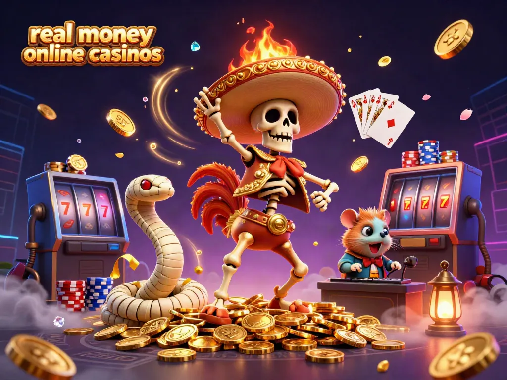 Experience real money online casinos with a vibrant 3D scene featuring dynamic gaming elements and lively characters.