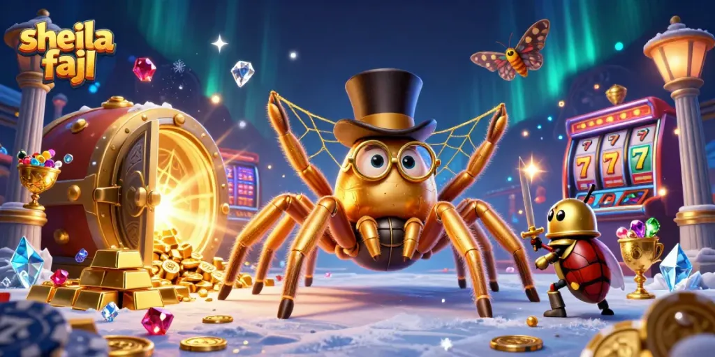 Engage with Sheila Fajl's jewelry in a vibrant casino-themed illustration featuring golden treasures and characters.