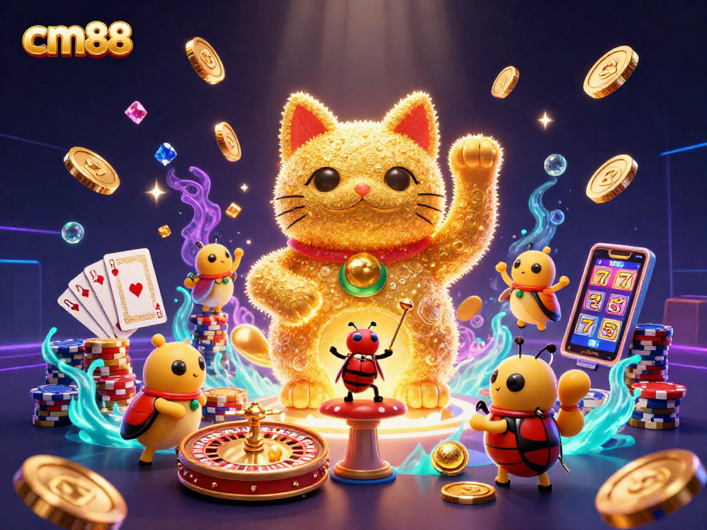 Experience dynamic gameplay with cm88 as golden fireflies form a lucky cat in a vibrant casino scene.