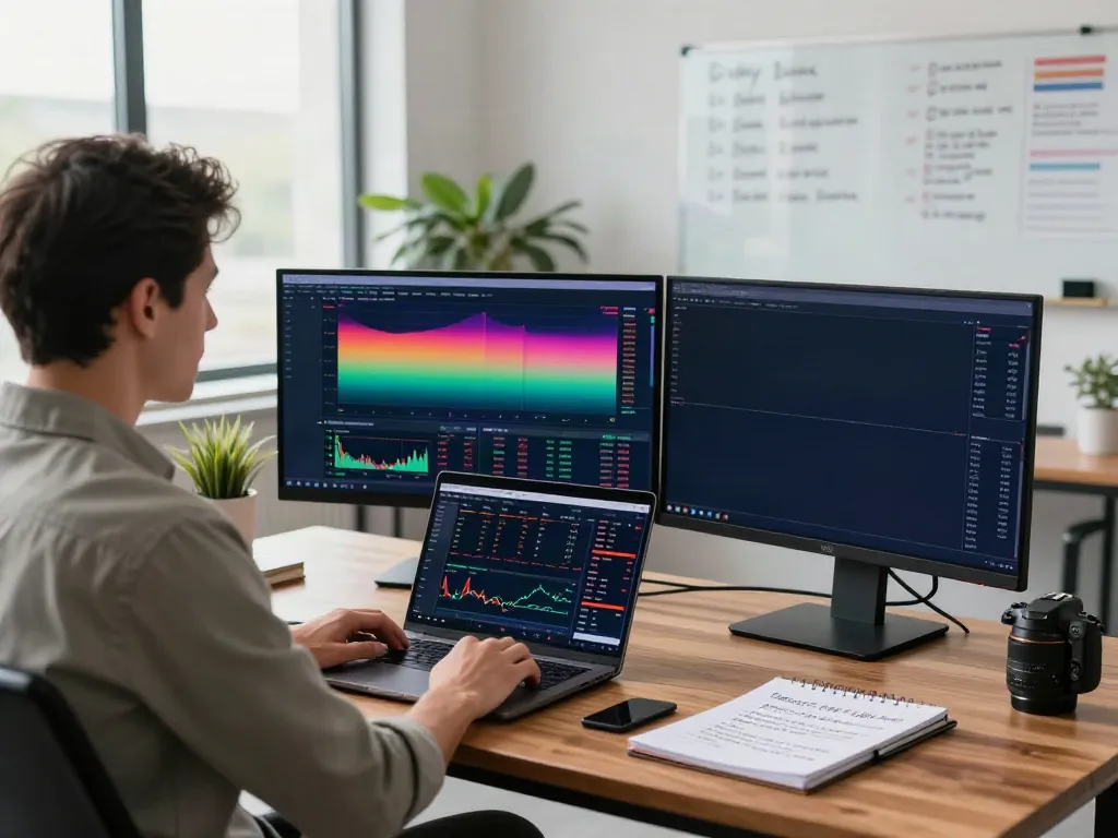 Trader analyzing stock data on TradingView官网 in modern workspace.