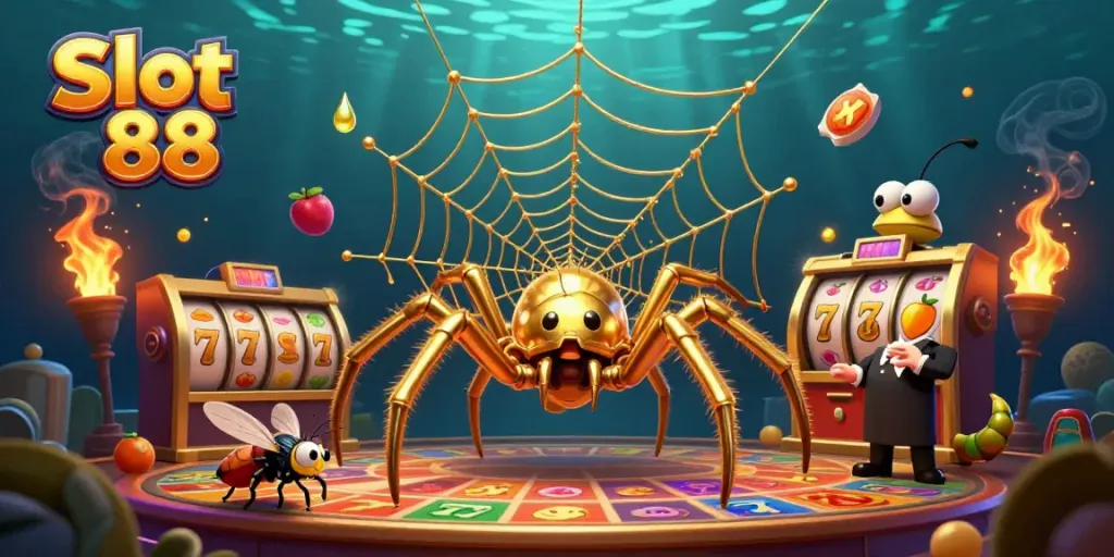 Engage with Slot 88 as a golden spider spins a captivating jackpot web in a dynamic casino scene.