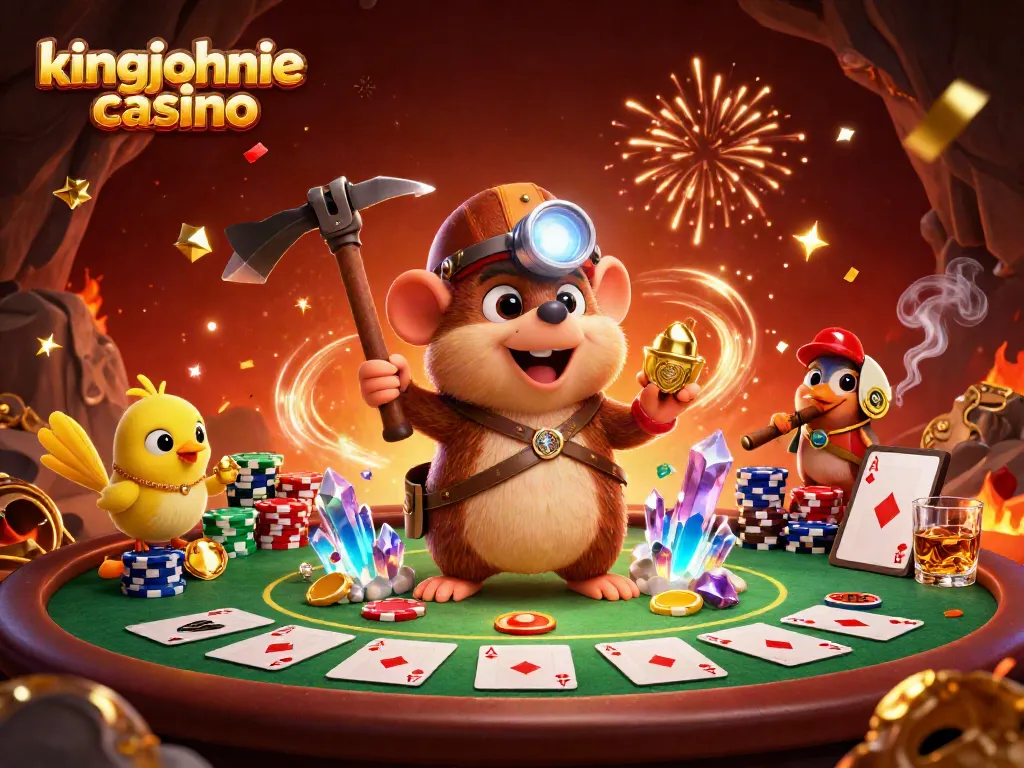 Visualize the excitement at kingjohnnie casino with a treasure hunter mole and canary amid poker chips and confetti.