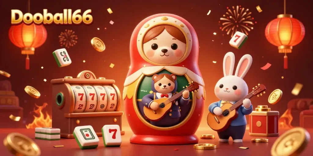 Engage with Dooball66's thrilling scene featuring colorful casino characters in a vibrant setup.