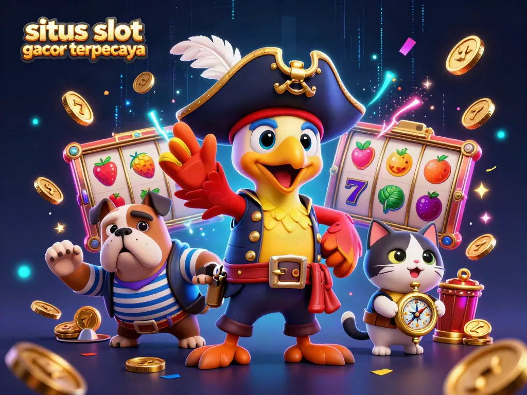 Experience the excitement of situs slot gacor terpercaya with a vibrant, rich scene of colorful slot reels, dynamic characters, and sparkling coins.