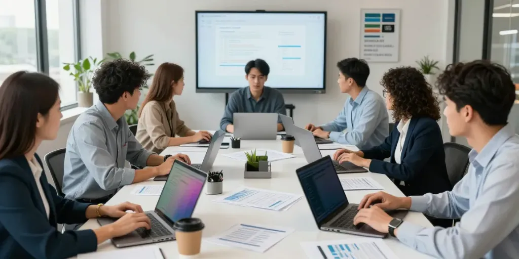 Team collaborating on business accounting services in a modern office.