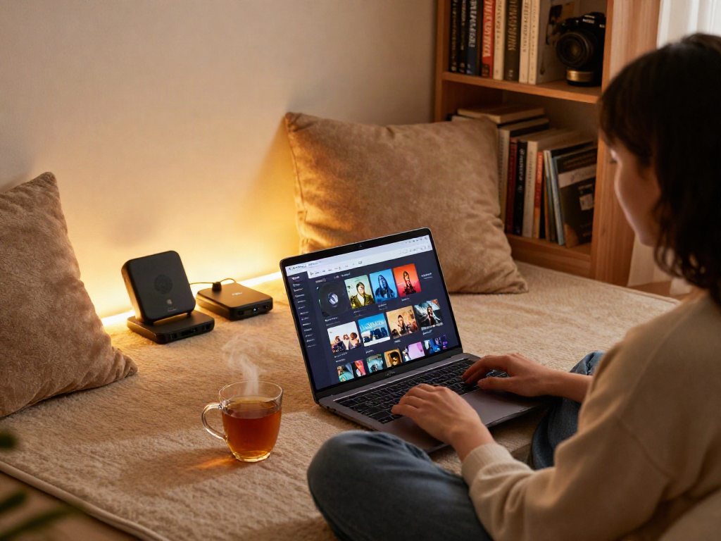 Enjoying Pikashow streaming service in a cozy entertainment nook with warm lighting.