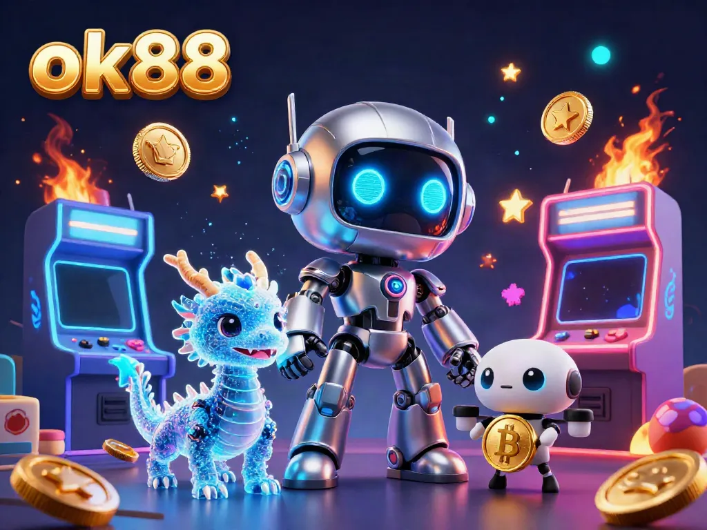 Engage with the thrilling world of ok88, where a cyberpunk robot mascot and holographic dragon meet vibrant arcade gaming elements.