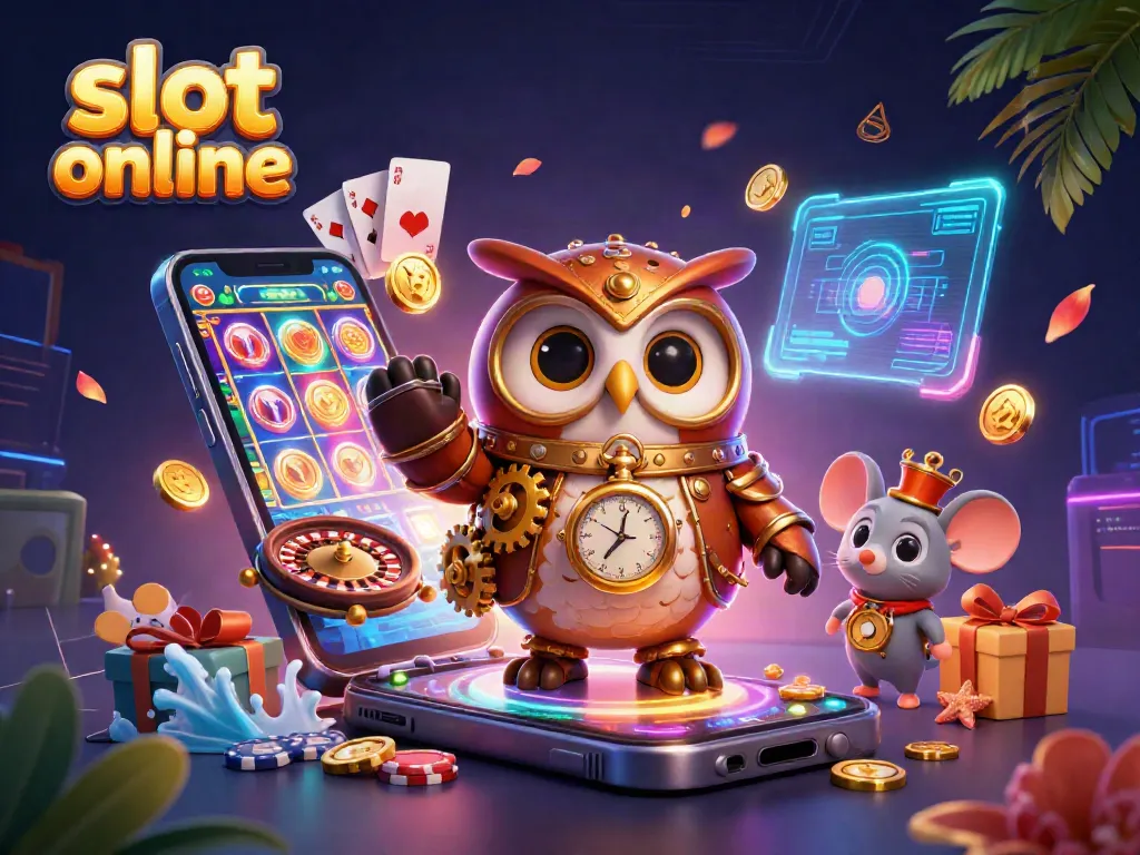 Engage with the exciting world of slot online as a time-traveler owl navigates a vibrant casino scene.