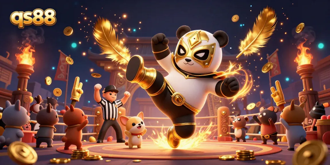 Experience thrilling bets with qs88 through this vibrant 3D casino scene featuring a wrestling panda and animal fans.