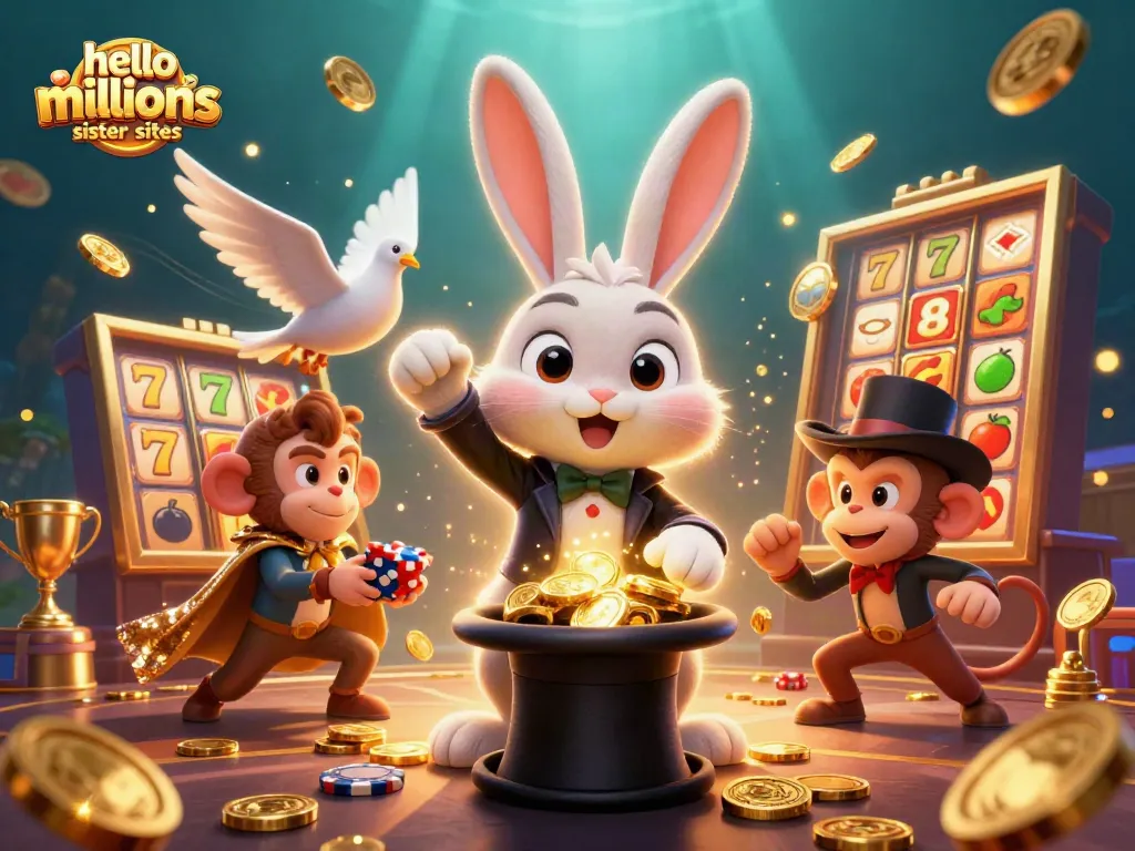Discover exciting games at hello millions sister sites with a charming magician rabbit and lively casino elements.