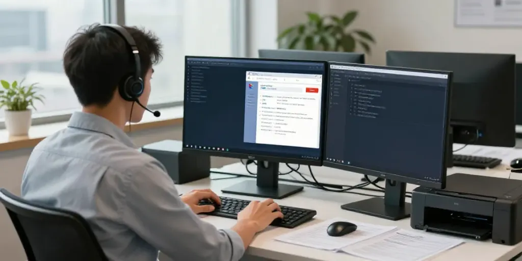 Hotmail technical support technician assisting clients in a modern workspace