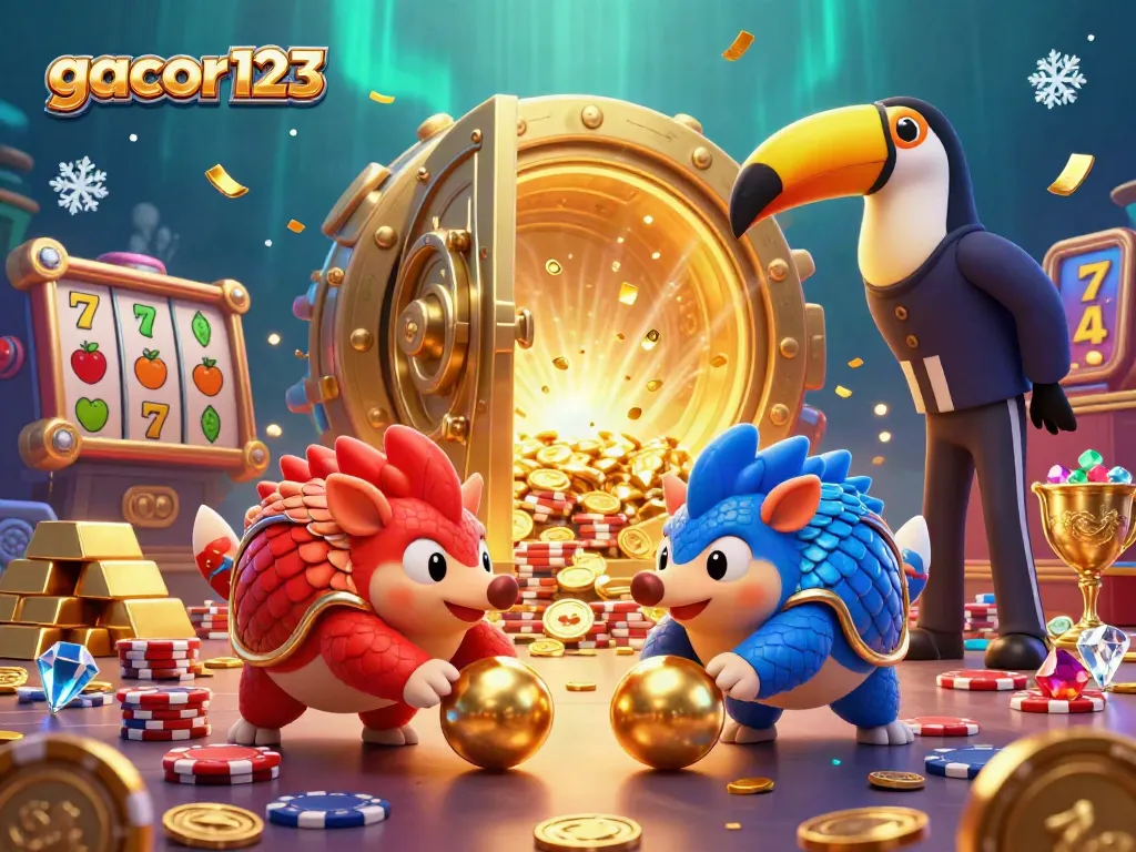 Engage with gacor123 as rival pangolins compete in slots, surrounded by treasures and casino elements.