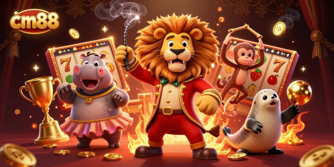 Engage in thrilling slots gameplay at cm88 with an energetic circus-themed illustration featuring dynamic 3D characters.