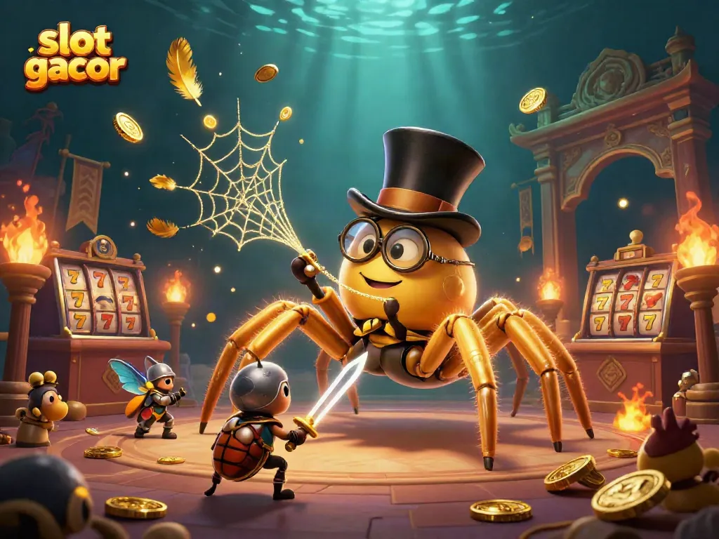 Slot gacor menarik perhatian dengan ilustrasi tarantula emas dan ksatria kecil di dalam kasino.