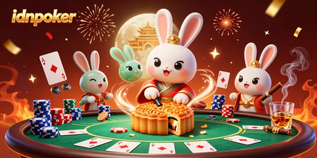 Gambarkan idnpoker dengan kelinci bulan memukul kue bulan di atas permukaan lunar, dengan efek hiasan yang menakjubkan.