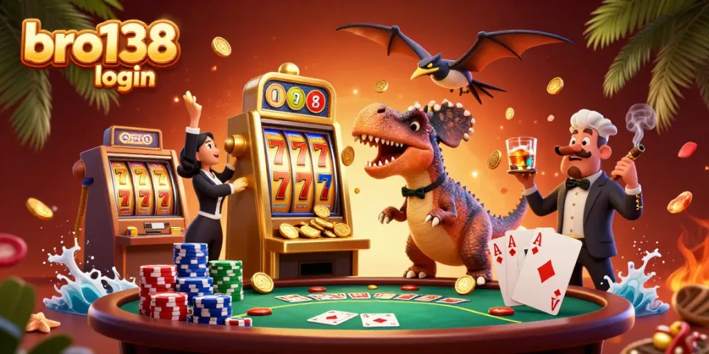 Experience the thrill of bro138 login with vibrant slot machine action and animated characters amidst a casino environment.