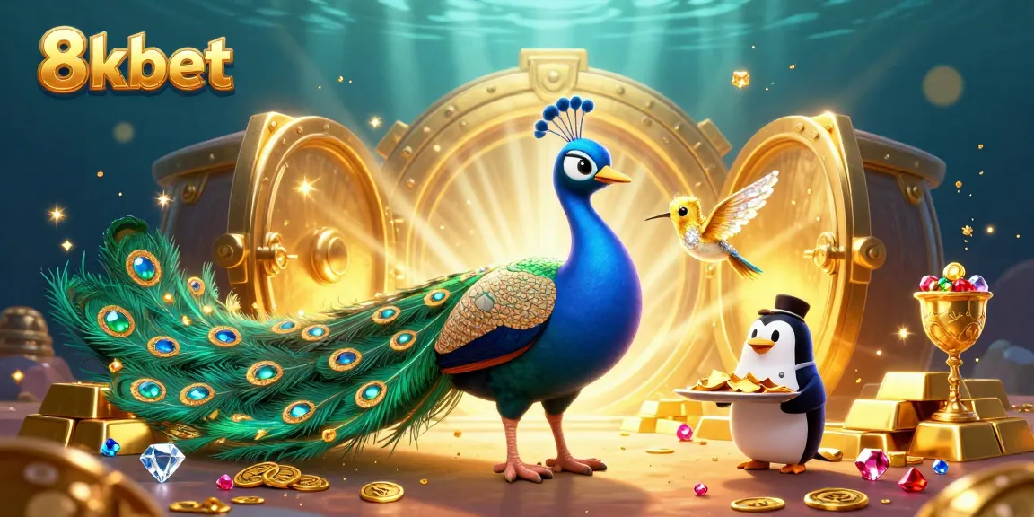 Experience the thrilling world of 8kbet as a charming peacock and friends enjoy a wealth of golden treasures.