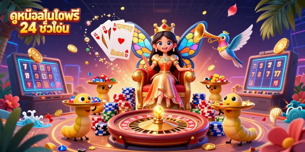 A vibrant scene illustrating ดูหนังออนไลน์ฟรี 24 ชั่วโมง with characters at an online casino where animated chips scatter energetically.