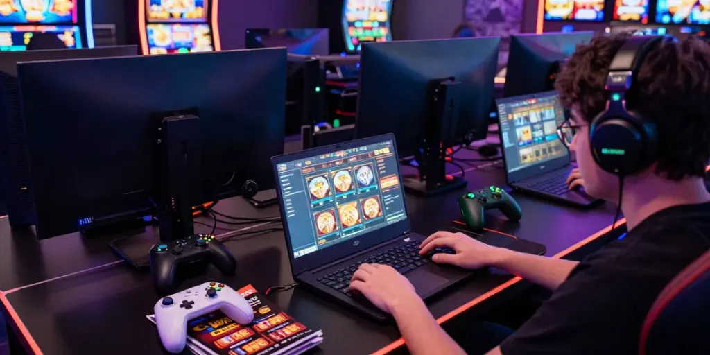 Player enjoying situs slot gacor thailand on a laptop with vibrant gaming setup.