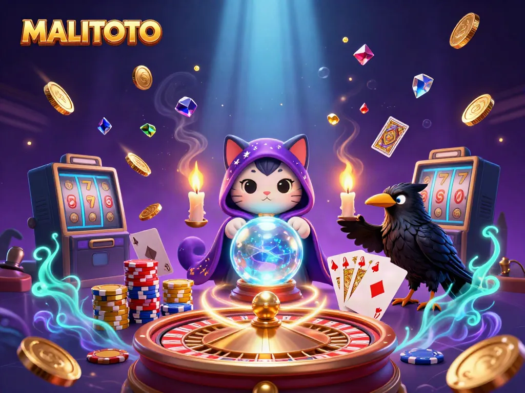 Experience the magic of MALITOTO with mystic fortune tellers and slot games in a vibrant casino scene.
