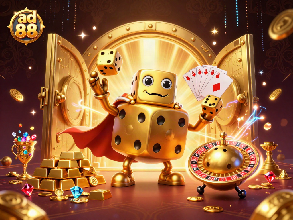 Engage with ad 88 as golden dice come to life in a vibrant casino scene.