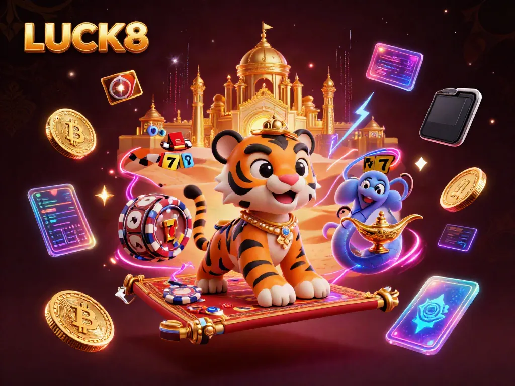 Experience the thrill of LUCK8 with a vibrant casino scene featuring a tiger sultan and magic carpet.