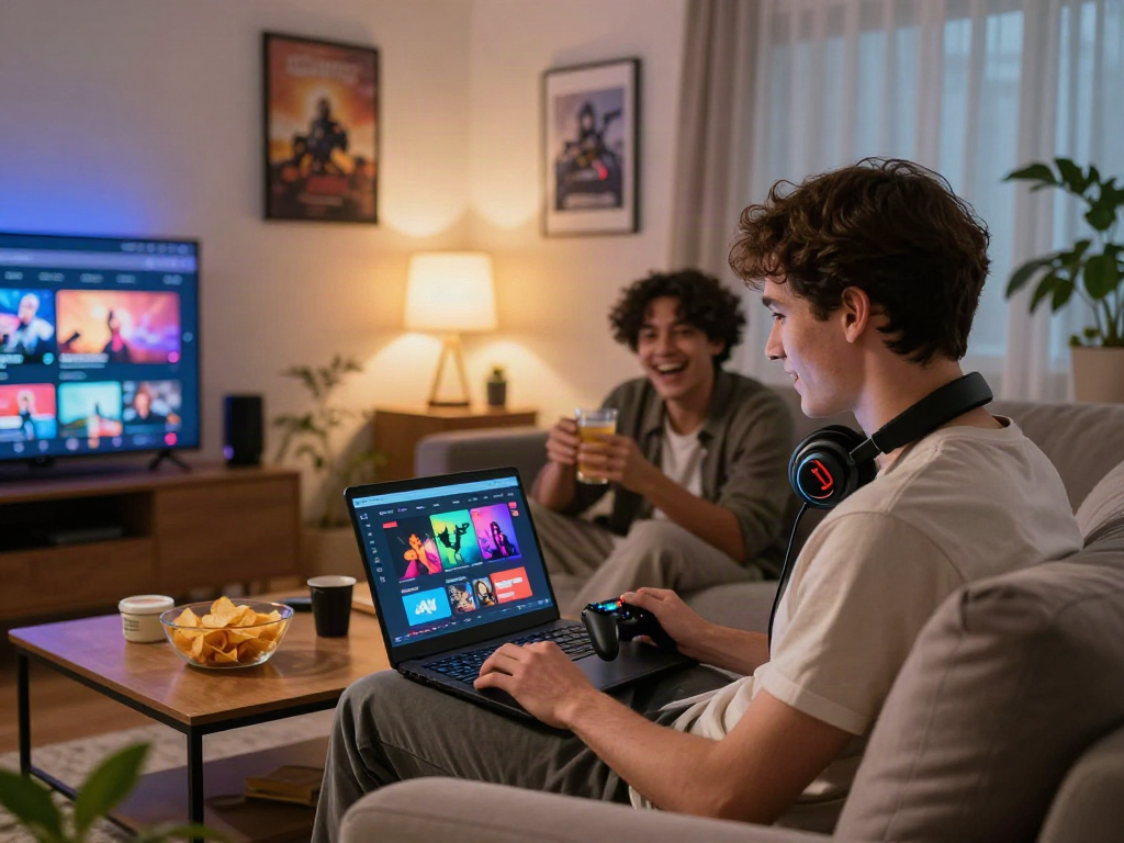 Engaged gamer enjoying porngames on laptop in cozy living room.