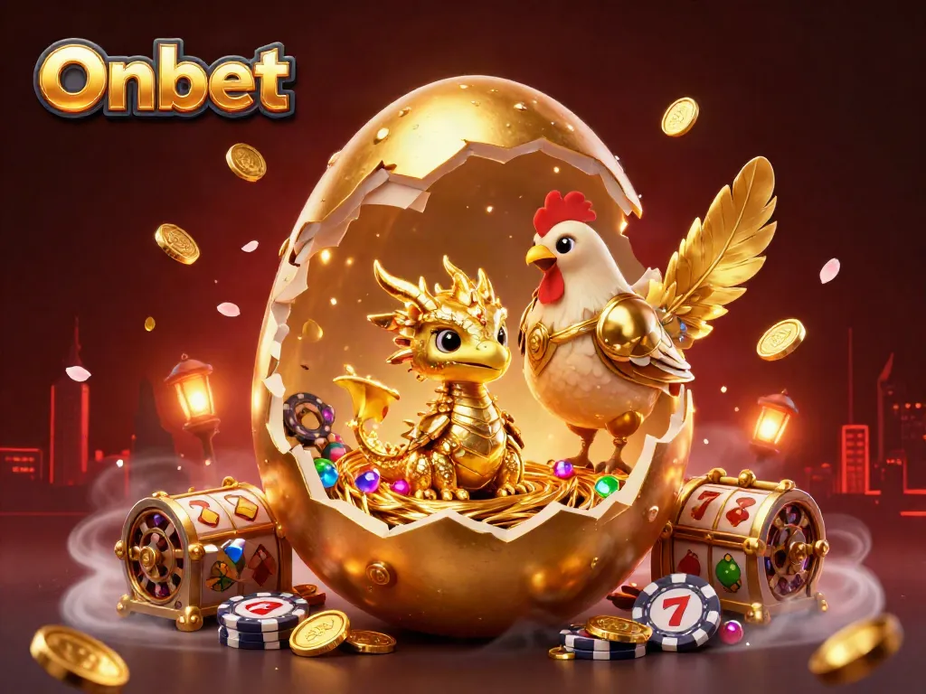 Onbet offers an exhilarating gaming experience with golden treasures and vibrant slot symbols.