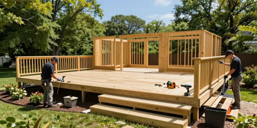 Deck Builders Eastwood collaborating on custom deck construction in a bright residential setting.