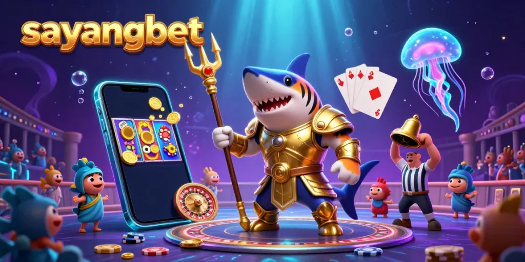 Experience thrilling gaming action at Sayangbet with a fierce tiger shark in armor and a colorful slot game.
