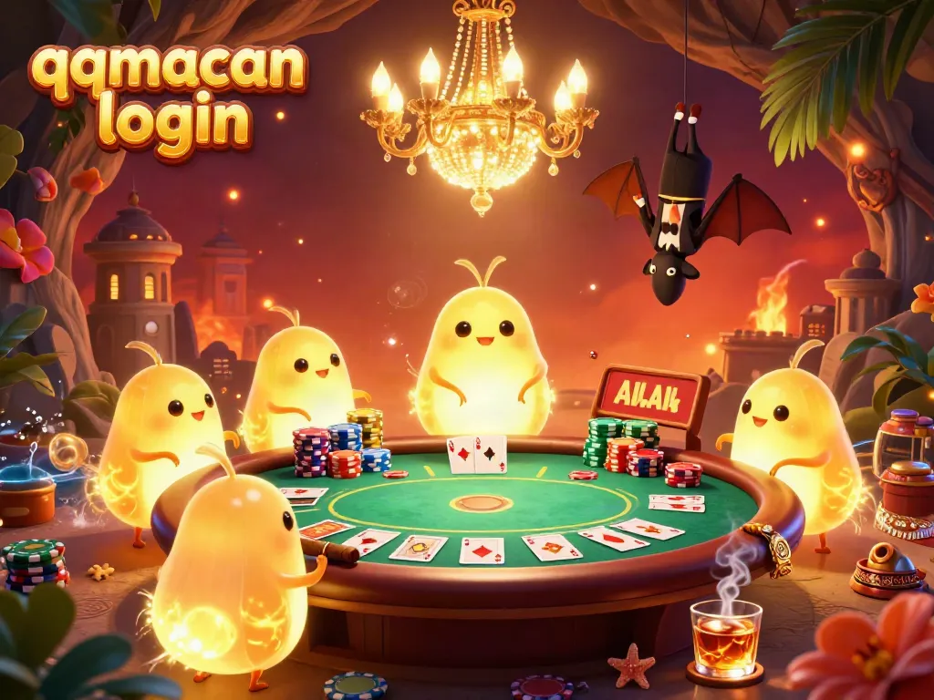 Engage with the qqmacan login scene featuring glowworms and a bat dealer illuminating a vibrant cave casino.