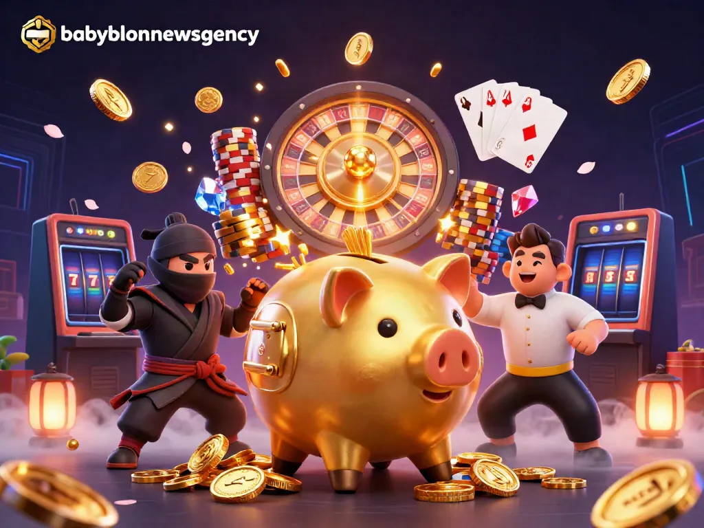 Experience vibrant gaming action with the babylonnewsagency golden piggy bank character amidst lively casino elements.