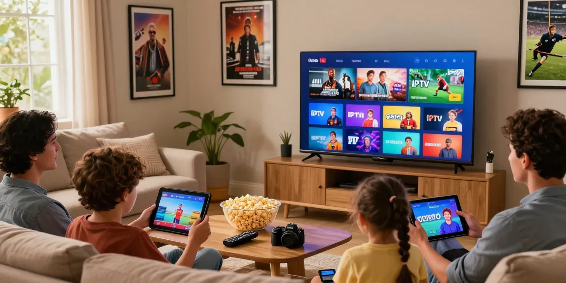 Dutch IPTV genieten met het gezin in een gezellige woonkamer met 4K-tv, popcorn en tablets.